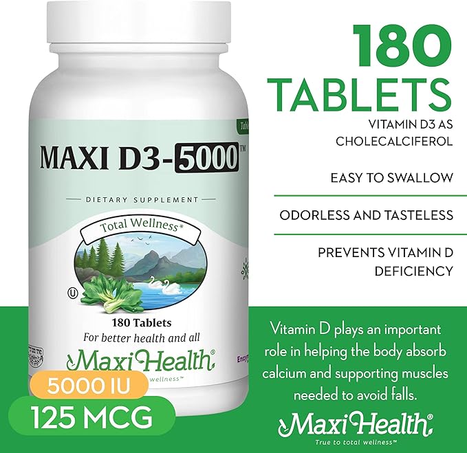Maxi Health Vitamin D3 5000 IU (125 mcg) - High Dose Vitamin D 5000 IU - Healthy Bones, Teeth, Immune Support - Kosher Pure High Potency Vit D3 (180 Tablets)