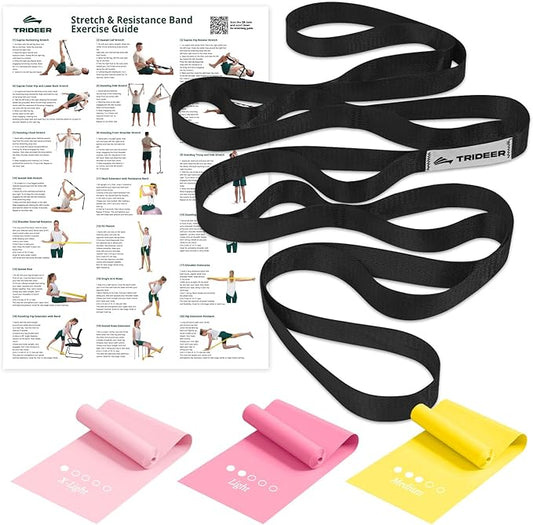 Trideer Stretching Strap & 3PCS Resistance Bands Set – Non-Elastic Stretch Strap & Elastic Bands for Safe Stretching, Mobility, Physical Therapy, Rehab, Recovery, Yoga & Home Exercise