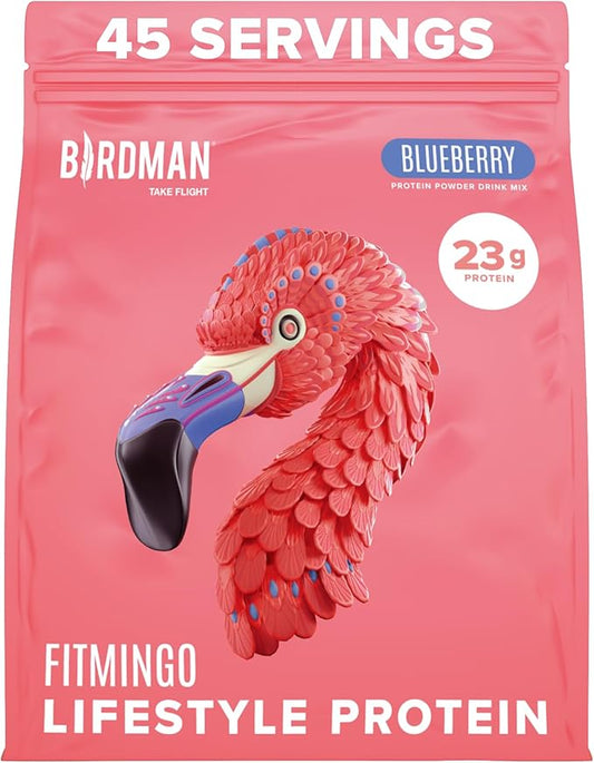BIRDMAN Fitmingo Vegan Protein Powder with Inositol, Collagen Boosters, Hyaluronic Acid and Vitamins | Low Carb, Dairy Free, Low Calorie | 23g Plant Based Blueberry Protein Powder with Myo-Inositol
