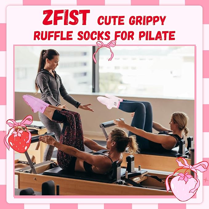 ZFiSt Pilates Socks with Grips for Women,4Pairs Ruffle Yoga Sock Cute Cotton Grippy Socks for Barre Workout Non Slip 5-10in