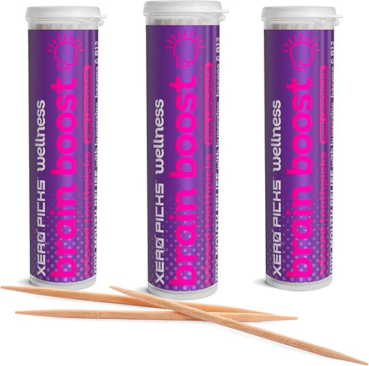 Xero Picks Wellness - Infused Flavored Toothpicks - Dry Mouth Prevention - 60 Picks - 3 Pack - Pink Lemonade - Brain Boost - Huperzine, Bacopa, B12