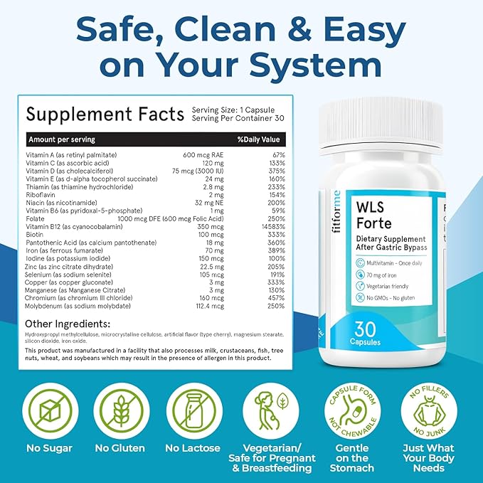 FitForMe Bariatric Multivitamin with Iron, Tailored for Gastric Bypass Surgery – One-a-Day Capsule, 30-Day Supply, Easy-to-Swallow WLS Forte Capsule, Scientifically Formulated – for Men & Women