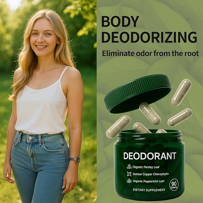 Body Deodorizing Supplement - Mint, Parsley & Chlorophyll Capsules for Body Odor, Bad Breath, Internal Deodorant Chlorophyll Pills for Women & Men, 90 Capsules (1)