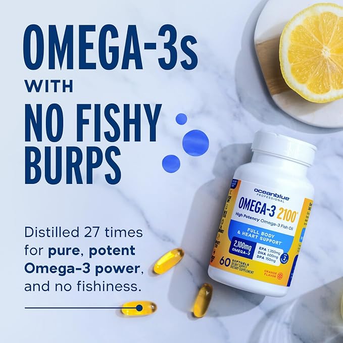 Oceanblue Omega 3 2100 Mini Small Softgels | Triple Strength with 1350MG EPA 600MG DHA 150MG DPA | Orange Flavor | 120 Count, No Burps