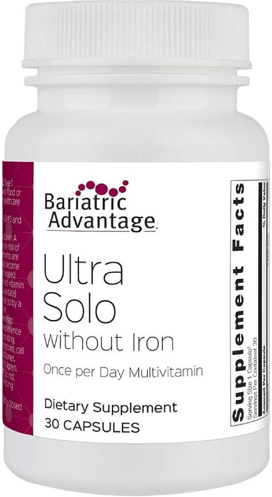 Bariatric Advantage Ultra Solo Without Iron - Once-Per-Day Daily Multivitamin - for Bariatric Patients - with Thiamin, Vitamin A & More - Gluten Free - 30 Capsules