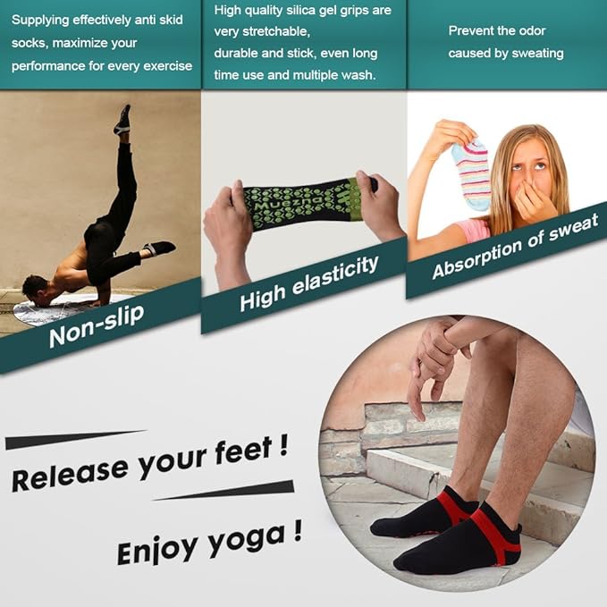Muezna Men's Non-Slip Yoga Socks, Anti-Skid Pilates, Barre, Bikram Fitness Hospital Slipper Socks with Grips