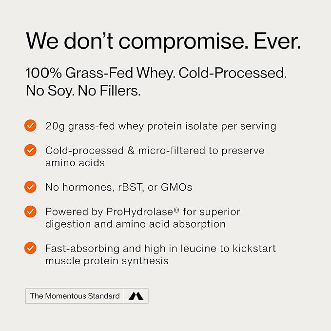 Momentous Essential Grass-Fed Whey Protein Powder - 655 g Whey Isolate Protein - NSF Certified for Sport - Gluten-Free - 25 Servings for Everyday Use - Chocolate - Package May Vary