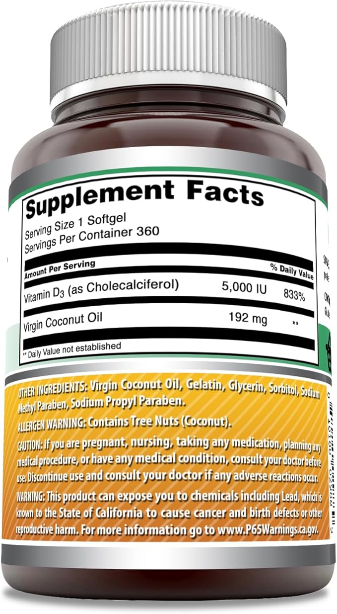 Amazing Formulas Vitamin D3 in Coconut Oil 5000 IU Supplement | Softgels | Non-GMO | Gluten-Free | Made in USA (1 Pack | 360 Count)