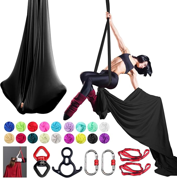 Aerial Silk Set, Premium 9Yards/8.2m Medium Stretch Fabric Silks, Perfect for AntiGravity Hammock Yoga Training & Dance Circus Performances Includes Hardwares & Daisy Chains