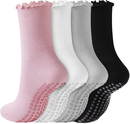 REACH STAR 4 Pairs Pilates Socks with Grips Non Slip Ruffle Yoga Grip Socks for Women