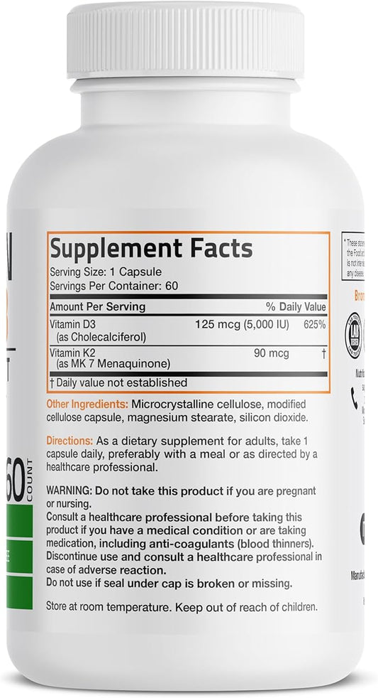 Bronson Vitamin K2 D3 (MK7) Supplement Non-GMO Formula Vitamin D3 5000IU (125 mcg) & 90 mcg K2 MK-7, Easy to Swallow D & K Complex, 60 Capsules