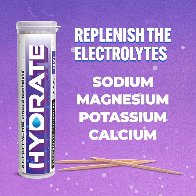 Xero Picks Hydrate - Electrolyte Flavored Toothpicks -60 Picks-Variety 3 Pack - Grape - Sodium, Potasium, Magnesium, Calcium