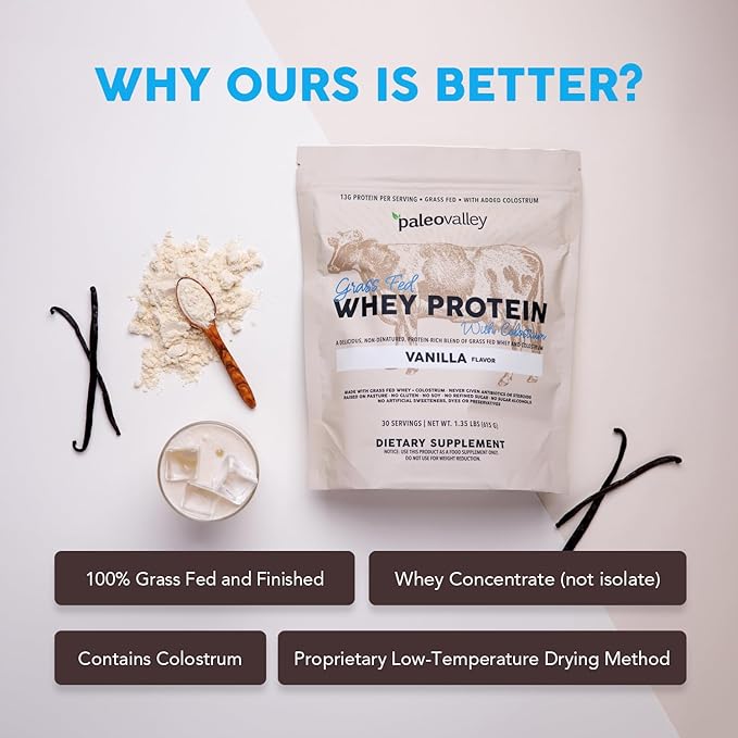 Paleovalley 100% Grassfed Whey Protein Powder with Colostrum, 13g Protein, Vanilla, Muscle Building, Immune Support, Gut Health