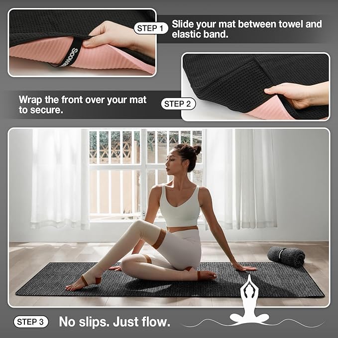 2 Pack Hot Yoga Towel, Yoga Mat Towels Non Slip for Hot Yoga with Strap, Microfiber Yoga Accessories, Soft Absorbent Quick Dry, Pilates Exercise Fitness 24" X 72"Black
