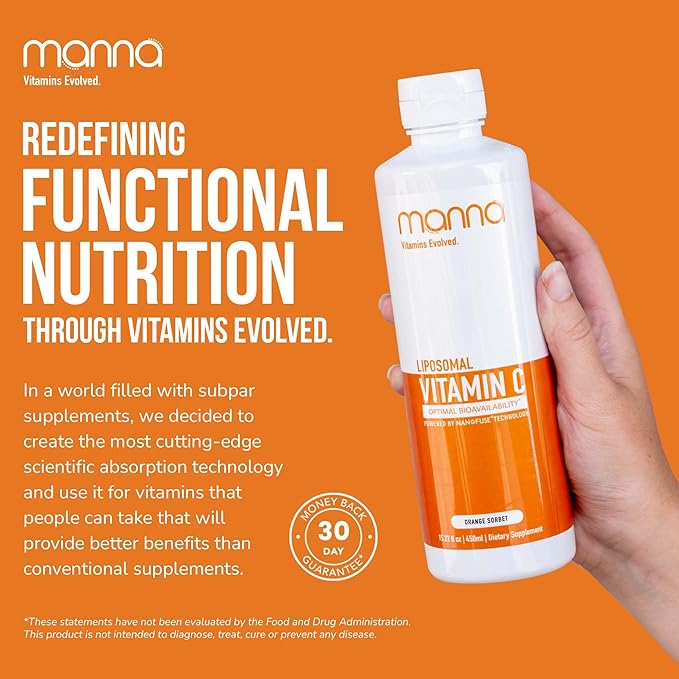 Manna Vitamins Evolved - Liposomal Vitamin C – High Absorption Liquid Immune Support Supplement with Antioxidants – Collagen Booster for Skin, Joints, Heart & Aging – Non-GMO, Vegan, 1000mg