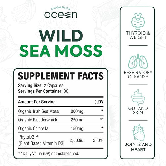 Wild Sea Moss Capsules - 100% Organic Irish Sea Moss with Organic Chlorella, Bladderwrack and Vitamin D for Energy, Lung Health and Thyroid Support for Women and Men - 3 Bottles