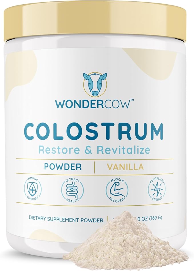 WONDERCOW Colostrum Supplement Powder for Gut Health, Immune Support, Muscle Recovery & Wellness | Natural IgG Pure Whole Bovine Colostrum Superfood, Vanilla, 60 Servings