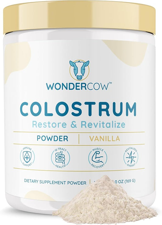 WONDERCOW Colostrum Supplement Powder for Gut Health, Immune Support, Muscle Recovery & Wellness | Natural IgG Pure Whole Bovine Colostrum Superfood, Vanilla, 60 Servings