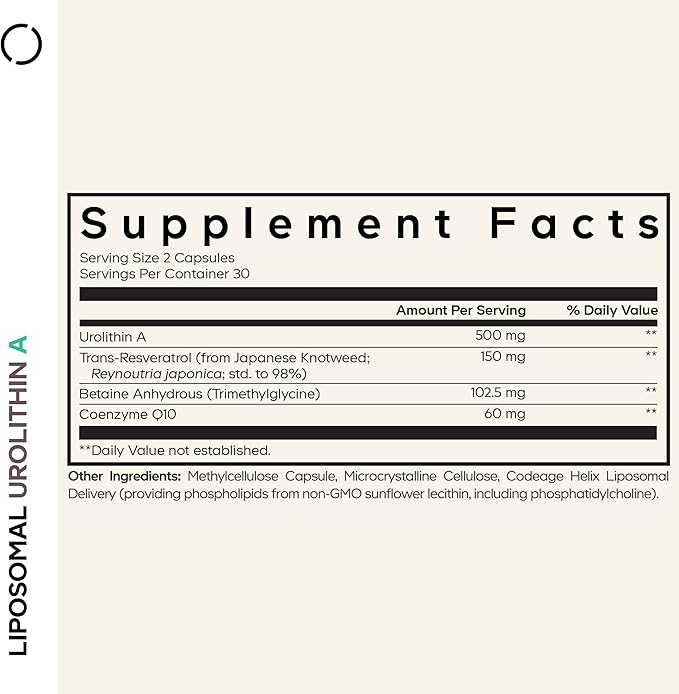 Codeage Liposomal Urolithin A Supplement 500mg Per Serving + Resveratrol, Betaine, CoQ10, Ellagitannins - A New Frontier Beyond NADH, NMN, NAD, NR, and PQQ Vitamins - Bioavailable - 60 Capsules