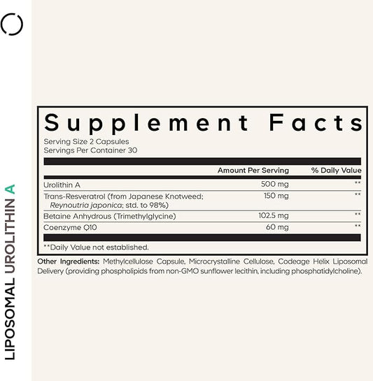 Codeage Liposomal Urolithin A Supplement 500mg Per Serving + Resveratrol, Betaine, CoQ10, Ellagitannins - A New Frontier Beyond NADH, NMN, NAD, NR, and PQQ Vitamins - Bioavailable - 60 Capsules