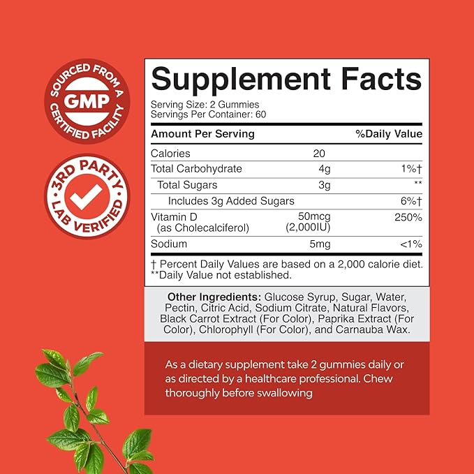 Natures Craft Vitamin D3 Gummies for Daily Wellness - Delicious Vitamin D Gummies for Adults with D3 2000IU per Serving Bone Muscle & Immune Support - Non-GMO Gelatin & Gluten Free (60 Day Supply)