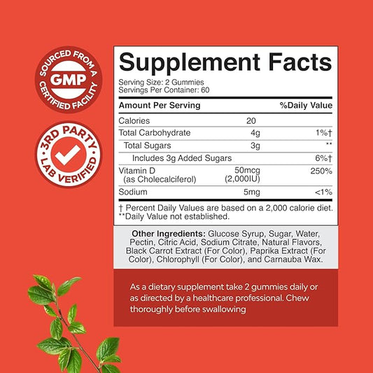 Natures Craft Vitamin D3 Gummies for Daily Wellness - Delicious Vitamin D Gummies for Adults with D3 2000IU per Serving Bone Muscle & Immune Support - Non-GMO Gelatin & Gluten Free (60 Day Supply)