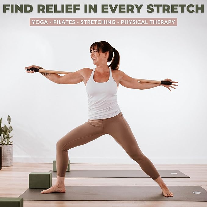 Yoga Stick Made from Natural Bamboo - 5ft Stretching Stick for All Fitness Levels - Stretch Stick with Non-Slip Handles for Mobility, Balance & Physical Therapy - Access 20+ Online Video & PDF Guides