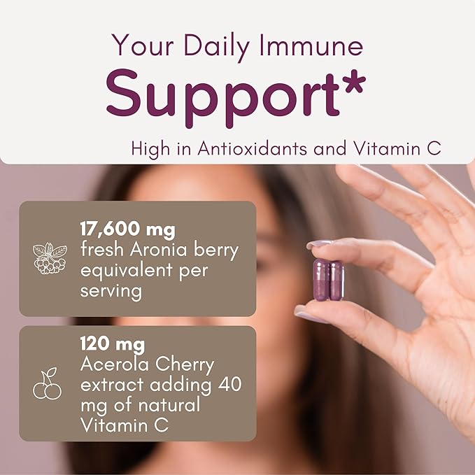 Aronia Berry Capsules Organic (60 Servings) | 17,600 mg Fresh Aronia Berries Equivalent & 120 mg Acerola Cherry Extract per Serving | High in Vitamin C & Antioxidants | Black Chokeberry Supplement