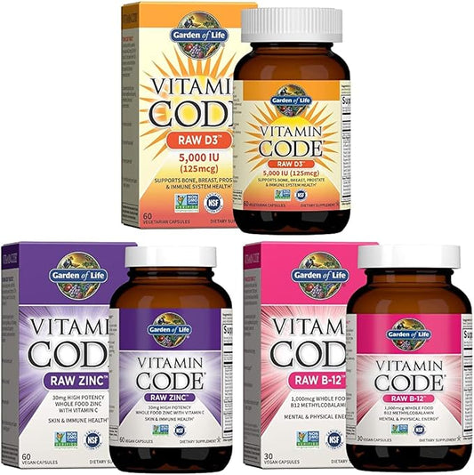 Garden of Life Vitamin D, Vitamin Code Raw B12, Zinc & Vitamin C - Whole Food Supplements for Immune Support