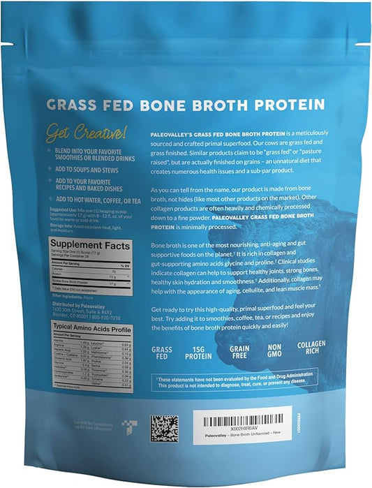 Paleovalley 100% Grass Fed Beef Bone Broth Protein Powder - Rich in Collagen Peptides for Hair, Skin, Gut Health, Bone and Joint Support - 15g Protein Per Serving - No Gluten or GMOs