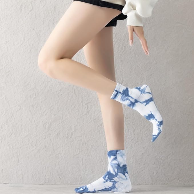 Yoga Pilates Socks with Grips for Women Non Slip Fleece Tie Dye Cushioned Ankle Socks for Barre Ballet Dance