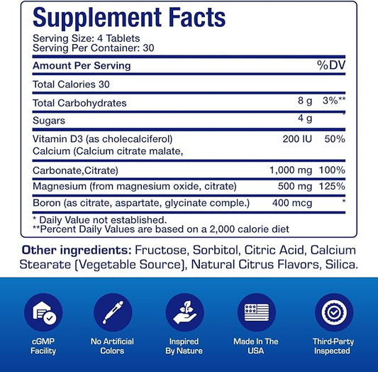 Chewable Calcium Supplement for Women - Clinical Bone Supplement with Chewable Calcium with Vitamin D Magnesium and Boron Complex for Bone Health & Strength Support - Made in The USA - 30 Servings