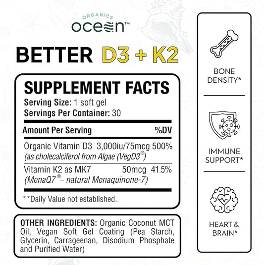 Better D3 + K2-100% Organic VIT D3 and K2 Supplements with Maximum Bioavailability - Supports Bone Density, Calcium Balance, Immunity & Mood - 2-Pack, 60-Day Supply