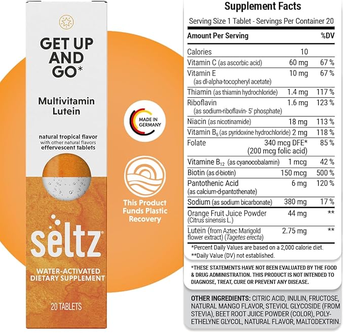 Seltz® Water-Activated Vitamins - Get Up and Go with Multivitamin and Lutein – Natural Tropical Flavor Dietary Supplement - 1 Pack x 20 Effervescent Tablets