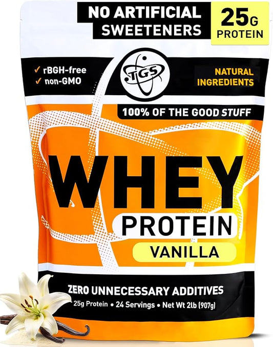 TGS Nutrition Vanilla Whey Protein Powder 2lb - No Artificial Sweeteners, All Natural Ingredients, Undenatured, No Stevia, Non GMO - 25g Protein for Women & Men Shakes, Smoothies - Aids Muscle Gain