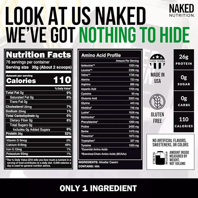 NAKED Casein - 5Lb Micellar Casein Protein Powder - Bulk, Zero Carb, GMO-Free, Gluten Free, Soy Free, Preservative Free - Stimulate Muscle Growth - Enhance Recovery - 76 Servings