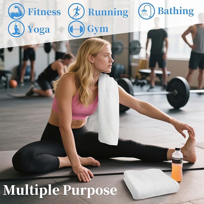 Sweat Towel for Men & Women, Sports Hand Towel for Yoga, Shower, Tennis, Running, Exercise & Fitness - 100% Cotton, Breathable, Soft & Absorb, Workout Towels for Gym (2PC, 14"x48") , White