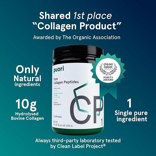 Puori Pure Collagen Peptides Powder, Unflavored - 10g of Grass-Fed Hydrolyzed Bovine Collagen Supports Skin Health, Hair & Nail Strength, Joint Pain & Mobility Support - 30 Servings