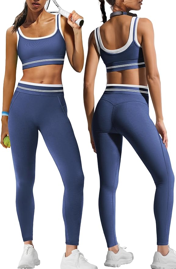 Panadila Womens Yoga Set 2 Piece Outfits Striped Workout Set Gym Matching Sports Bra and High Waist Leggings Activewear