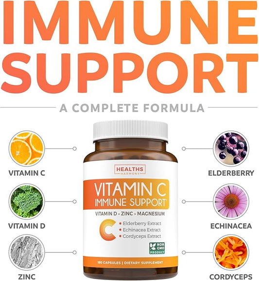 Vitamin C Immune Support Supplement - Immune Boost Blend with Elderberry Vitamin C and Zinc for Daily & Seasonal Support - Magnesium Zinc VIT C & D and Herbal Defense Complex (3 Months Supply)
