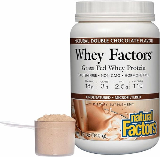 Natural Factors Whey Factors, Grass Fed Whey Protein Concentrate, Aids Muscle Development and Immune Health, Double Chocolate, 12 Oz