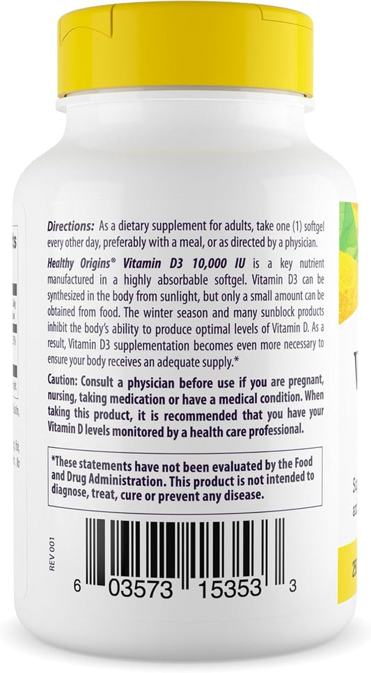 Healthy Origins Vitamin D3 10,000 IU (Non-GMO, High Potency, Bone Support, Immune Support, Gluten Free), 120 Softgels