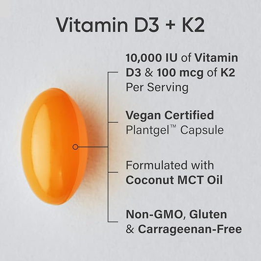 Sports Research® Vitamin D3 + K2 with 10,000iu of Plant-Based D3 & 100mcg of Vitamin K2 as MK-7 | Non-GMO Verified & Vegan Certified 60ct