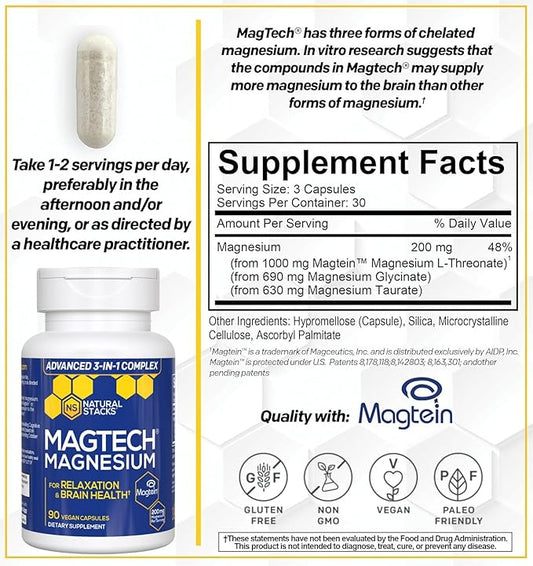 Magnesium Magtein L-Threonate, Glycinate & Taurate – 200mg Chelated Magnesium Complex – MagTech Magnesium Supplement for Relaxation & Brain Health – 90 Capsules