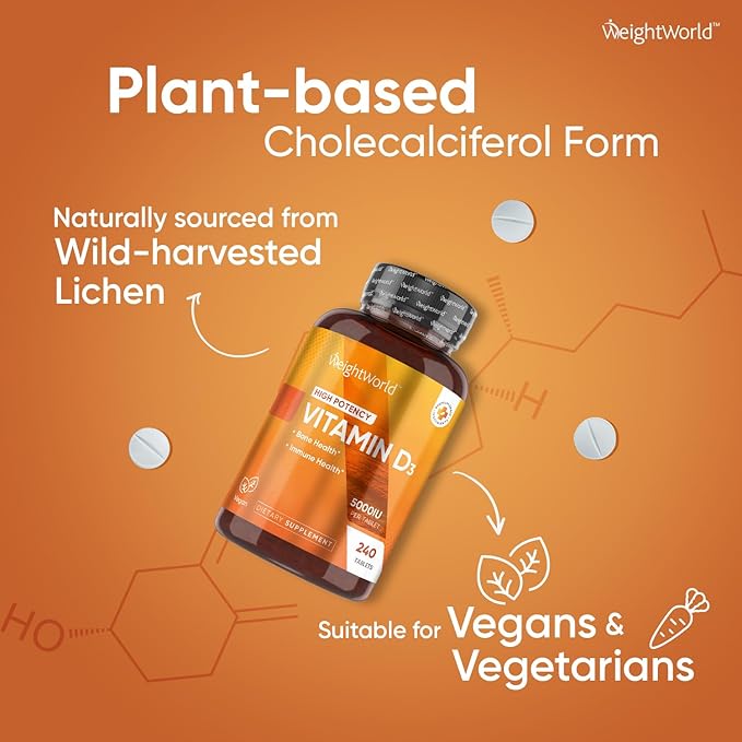 WeightWorld Vegan Vitamin D3 5000 IU - Sourced from Wild Harvested Lichen - Vitamin D Supplement from Bioavailable Cholecalciferol - 240 Vitamin D3 Tablets - Gluten-Free & Allergen-Free