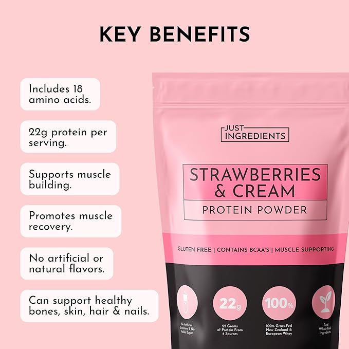 JUST INGREDIENTS Strawberries & Cream Protein Powder – 20-Serving Blend with 100% Grass-Fed Whey & Organic Plant Proteins – Real Strawberry Flavor – Supports Muscle Recovery, Energy*