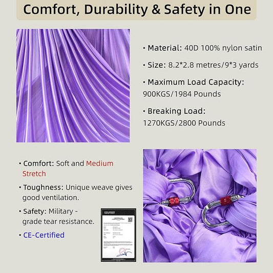 Aerial Silk Set, Premium 9Yards/8.2m Medium Stretch Fabric Silks, Perfect for AntiGravity Hammock Yoga Training & Dance Circus Performances Includes Hardwares & Daisy Chains