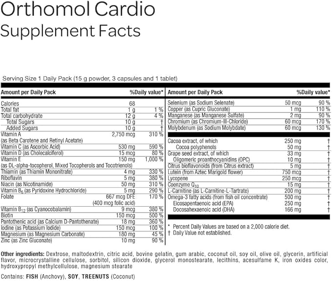 Orthomol Cardio, Heart Health Supplements for Circulation & Vascular Support, Omega-3, Magnesium, Cocoa Polyphenols & B Vitamins, Supports Cardiovascular Health, 30-Day Supply, Powder+Tablets+Capsules