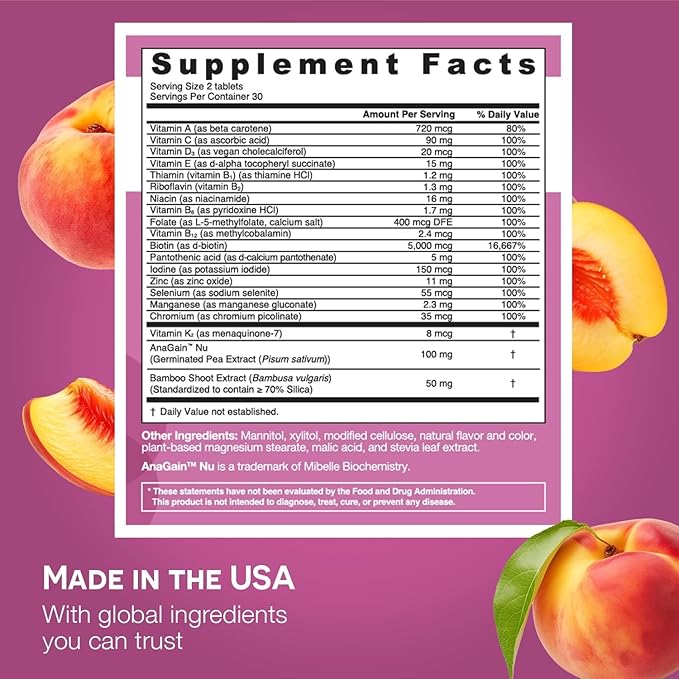 EZ Melts Dissolvable Multivitamin for Women + Hair Growth with Biotin, Bamboo Extract & Clinically Studied AnaGain Nu, Supports Visibly Healthier, Stronger Hair, Sugar-Peach Flavor - 1 Pack