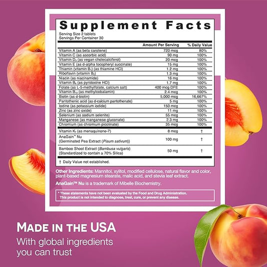 EZ Melts Dissolvable Multivitamin for Women + Hair Growth with Biotin, Bamboo Extract & Clinically Studied AnaGain Nu, Supports Visibly Healthier, Stronger Hair, Sugar-Peach Flavor - 1 Pack